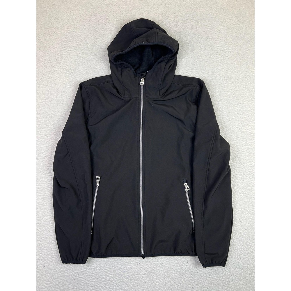 GUESS Jacket Mens Large Black Hooded Softshell Full Zip Fleece Lined Zip Pockets